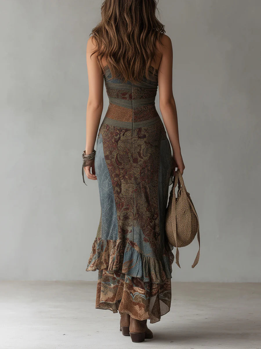 Elena ∙ Vestido largo asimétrico de un solo hombro con diseño étnico y abertura alta