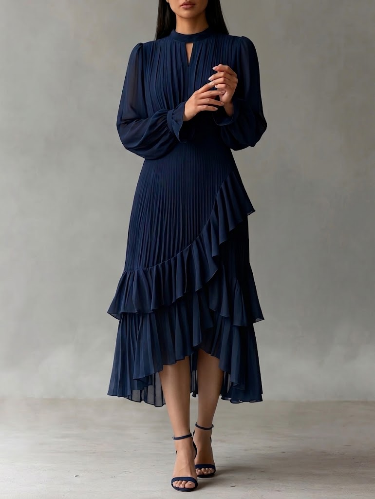 Vestido midi plisado elegante con detalles de volantes