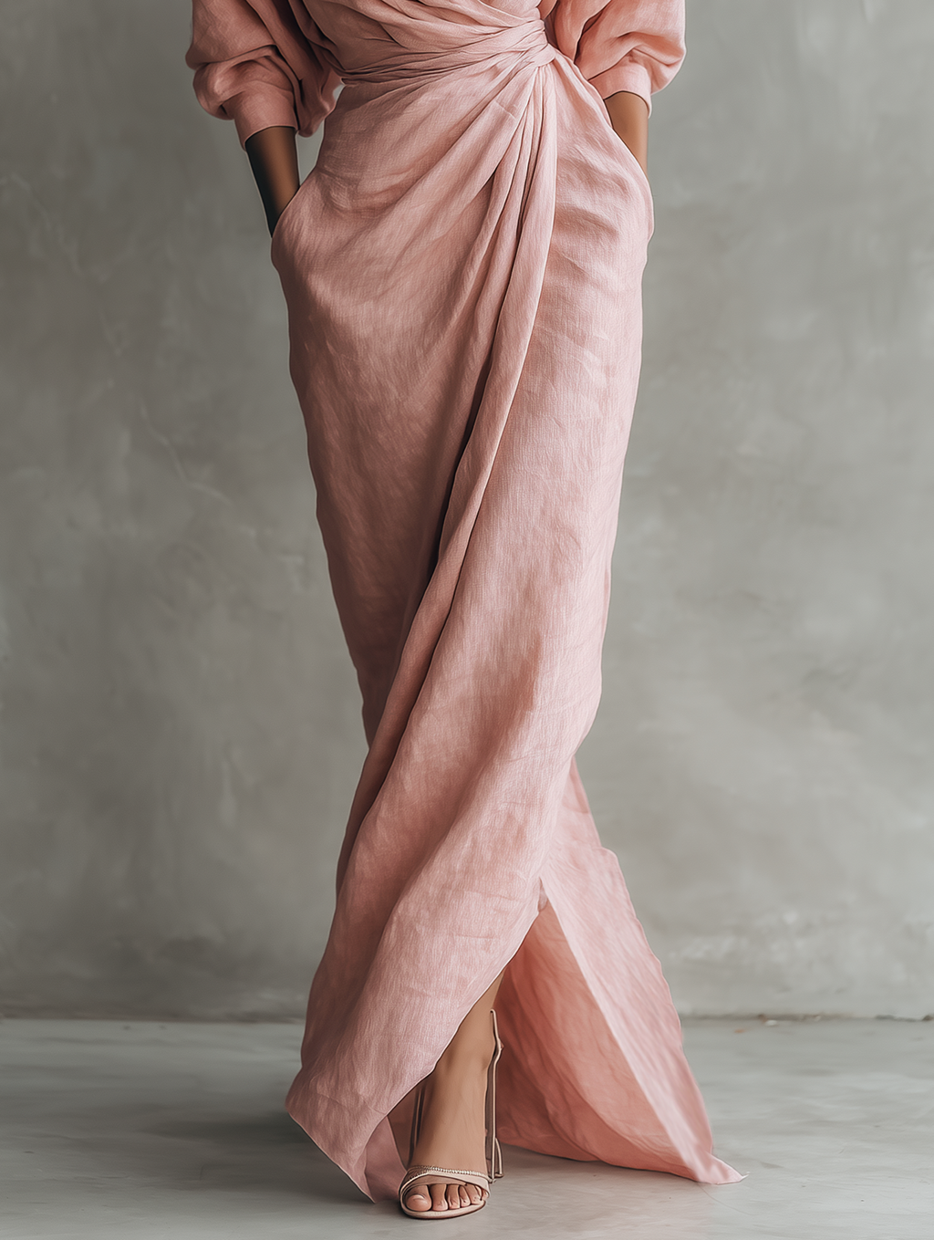 Vestido largo rosa minimalista de lino con escote en V para mujer