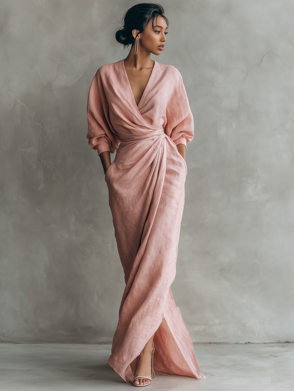Vestido largo rosa minimalista de lino con escote en V para mujer
