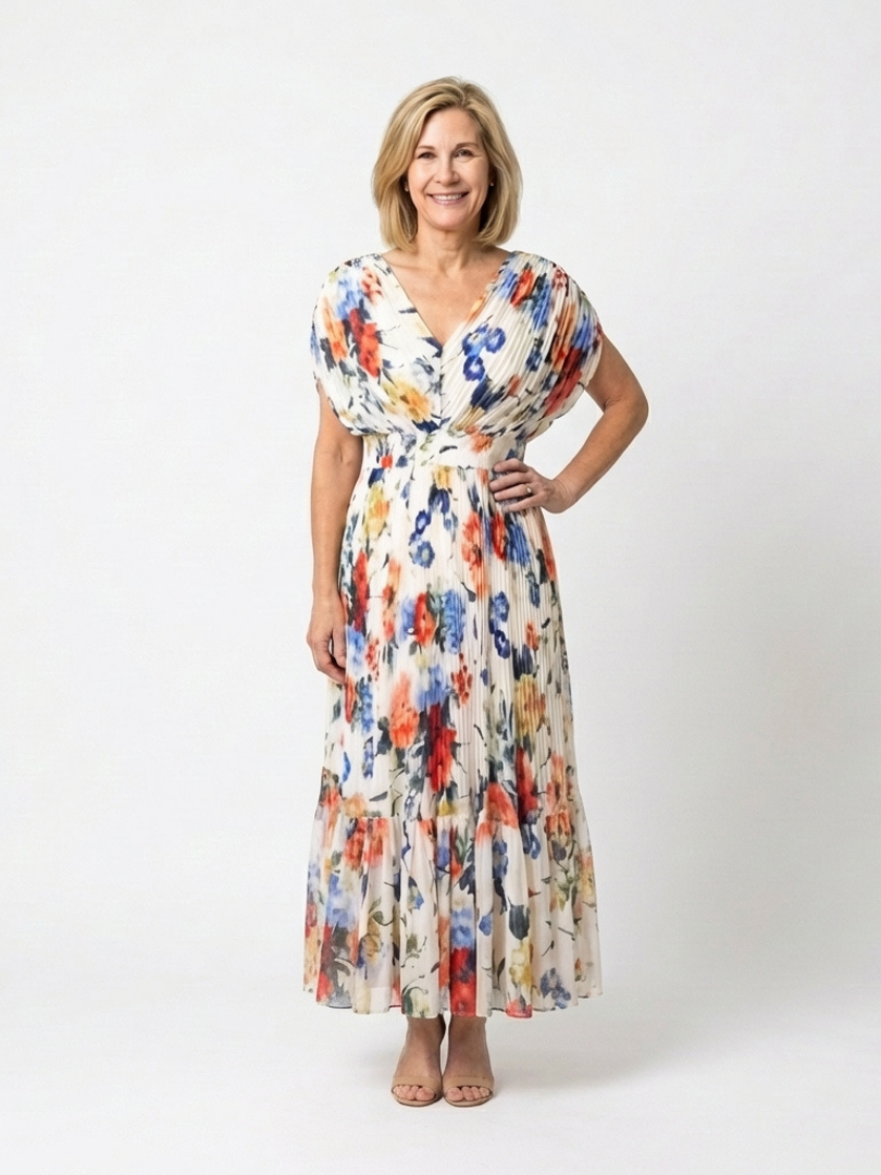 Savannah | Vestido Midi Floral con Pliegues y Manga Corta