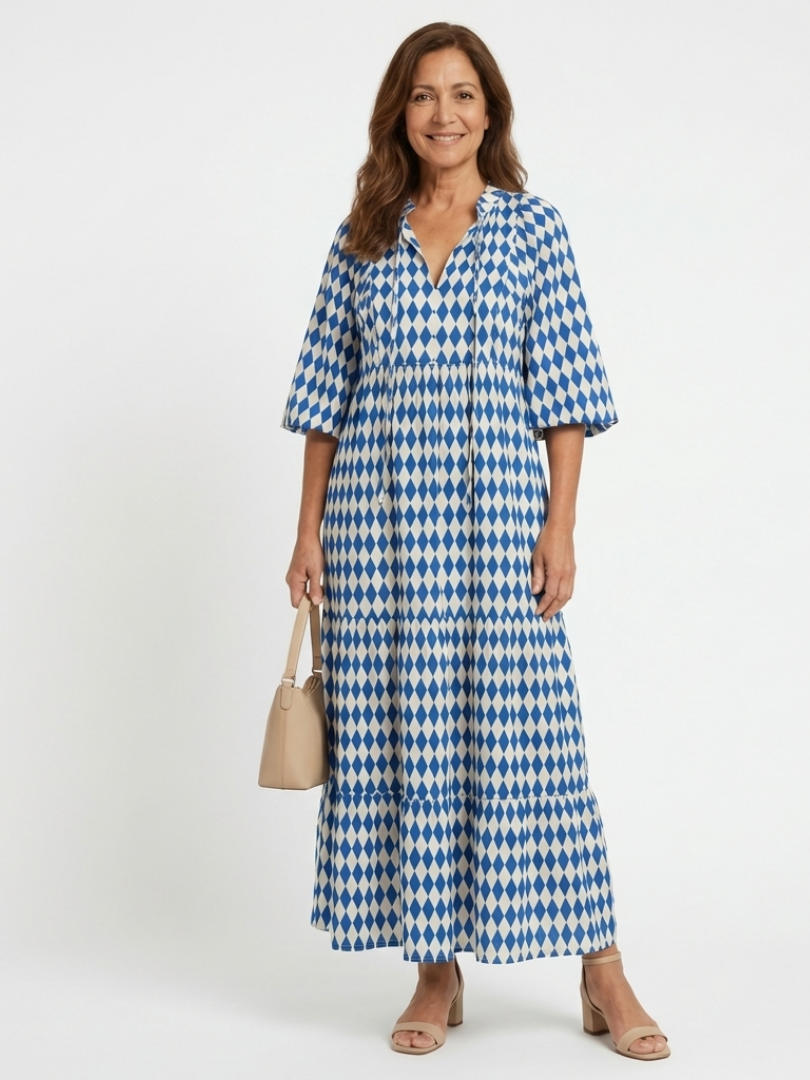 Elodie | Vestido Midi con Volantes y Estampado de Diamantes