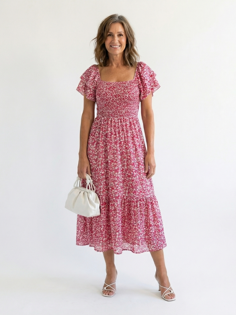 Odette | Vestido Midi Floral de Hombros al Descubierto
