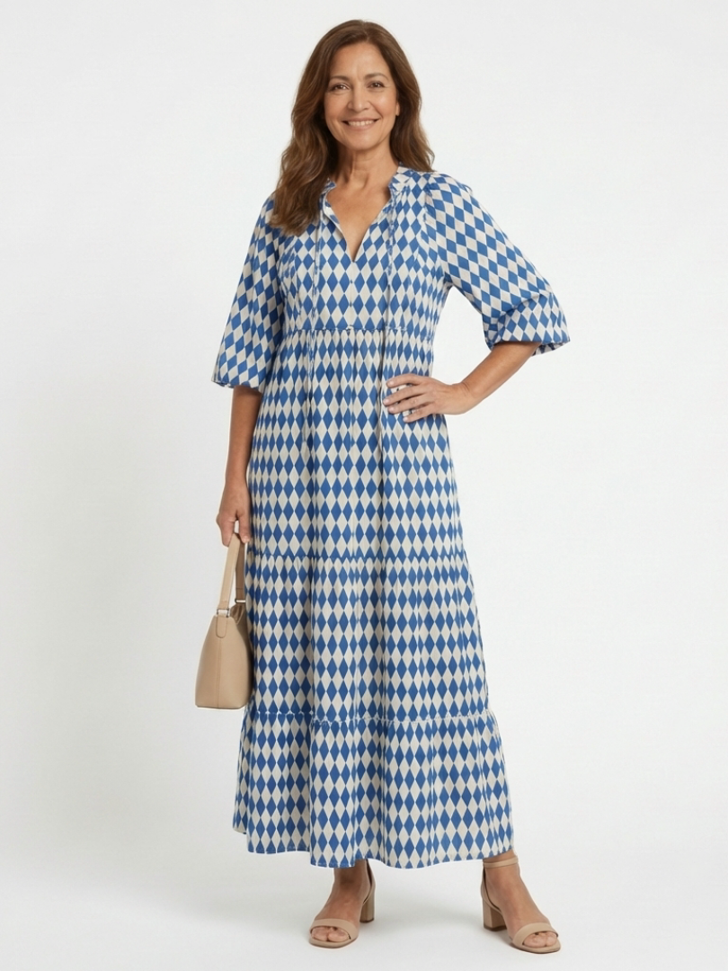 Elodie | Vestido Midi con Volantes y Estampado de Diamantes