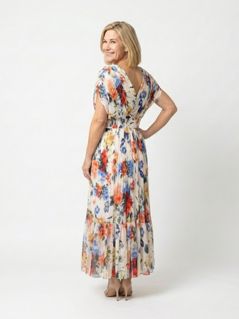 Savannah | Vestido Midi Floral con Pliegues y Manga Corta