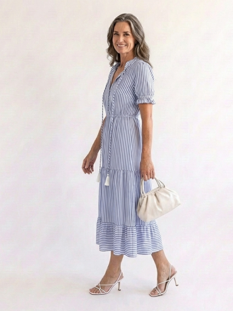 Dakota | Vestido Midi de Rayas con Manga Corta y Volantes