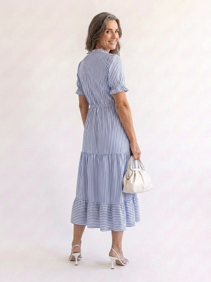 Dakota | Vestido Midi de Rayas con Manga Corta y Volantes