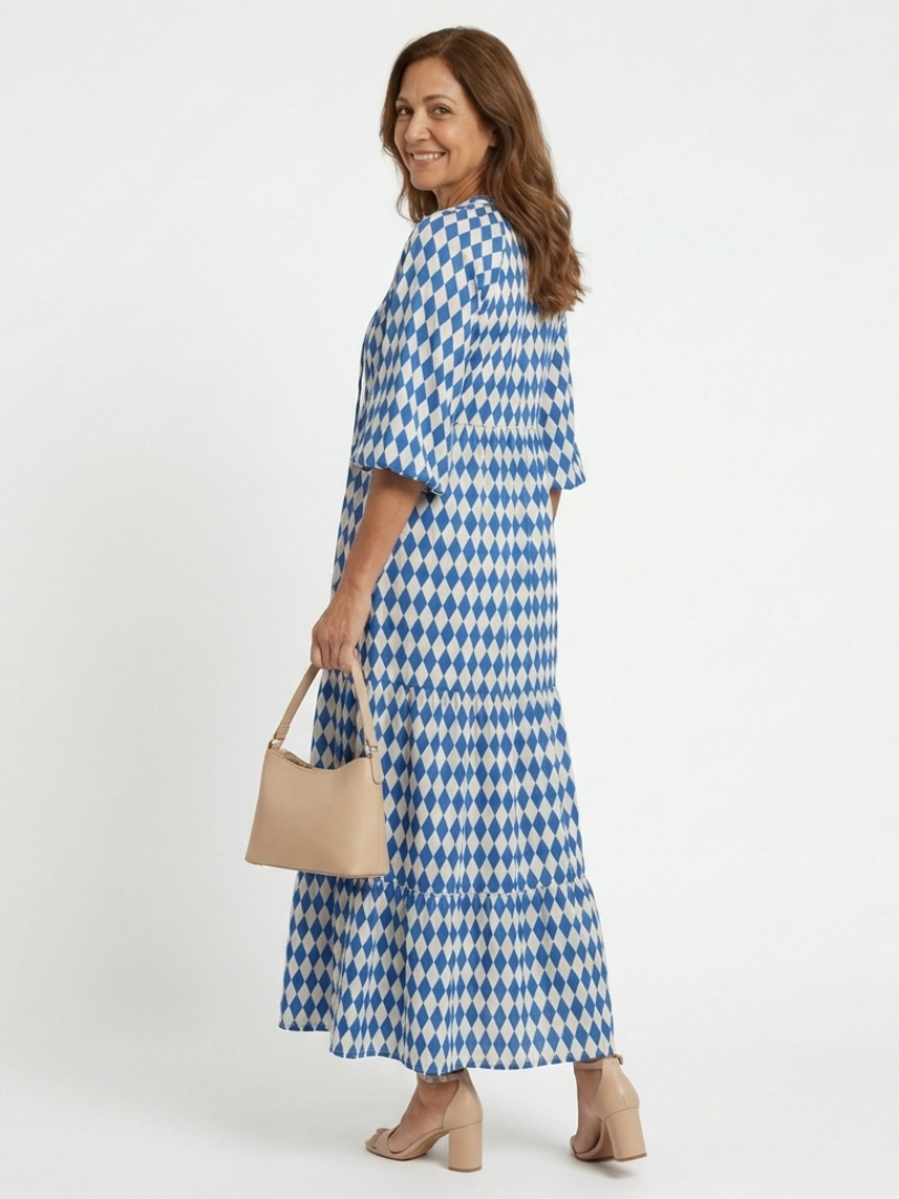 Elodie | Vestido Midi con Volantes y Estampado de Diamantes