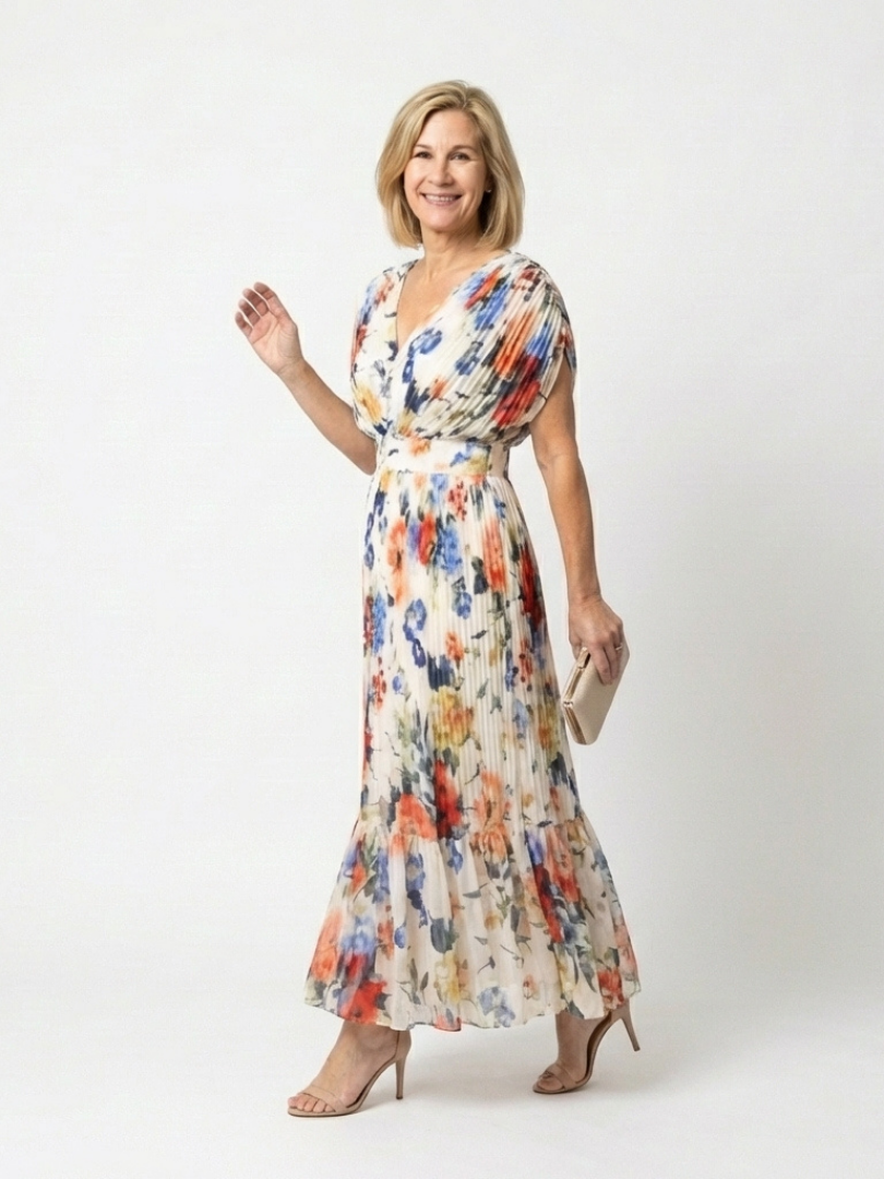 Savannah | Vestido Midi Floral con Pliegues y Manga Corta