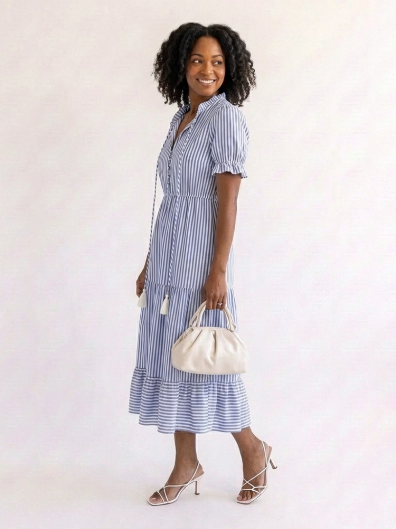 Dakota | Vestido Midi de Rayas con Manga Corta y Volantes