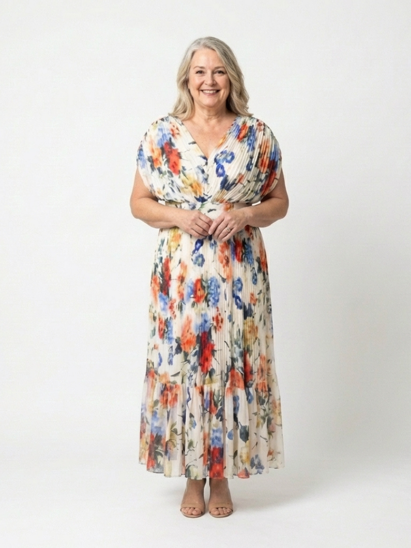 Savannah | Vestido Midi Floral con Pliegues y Manga Corta