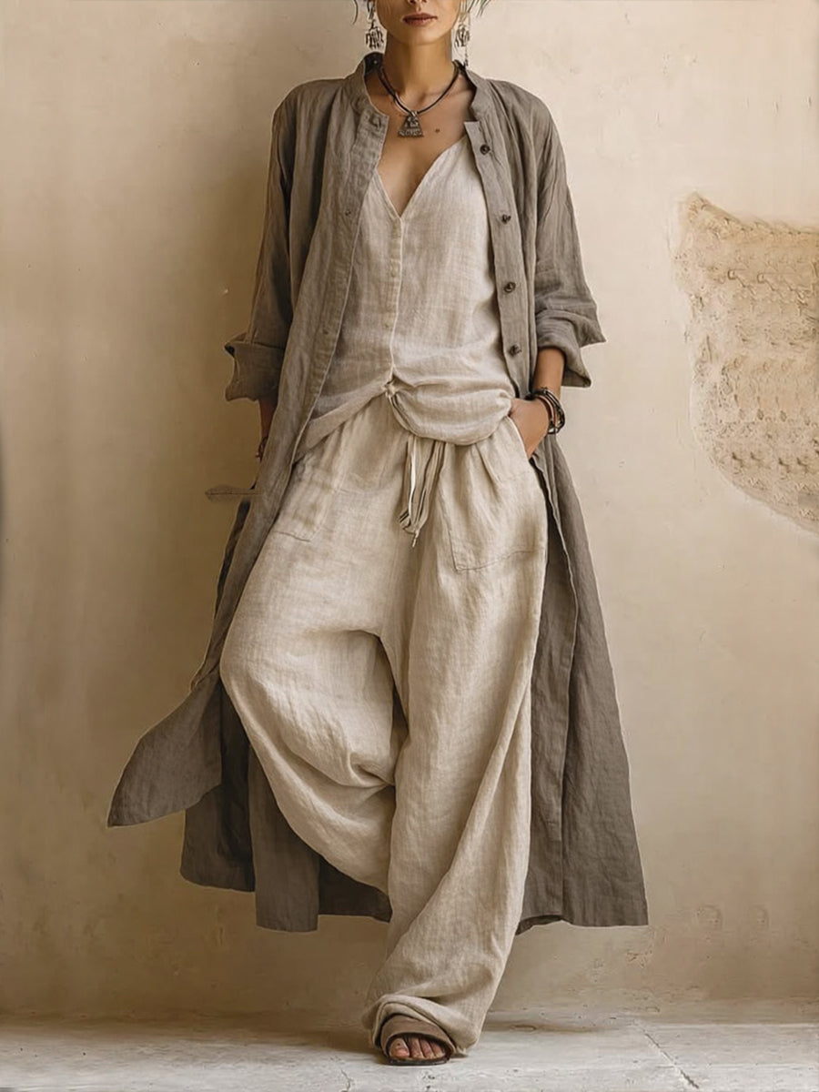Conjunto de tres piezas: Cárdigan largo de lino y algodón, top sin mangas y pantalones bohemios casuales