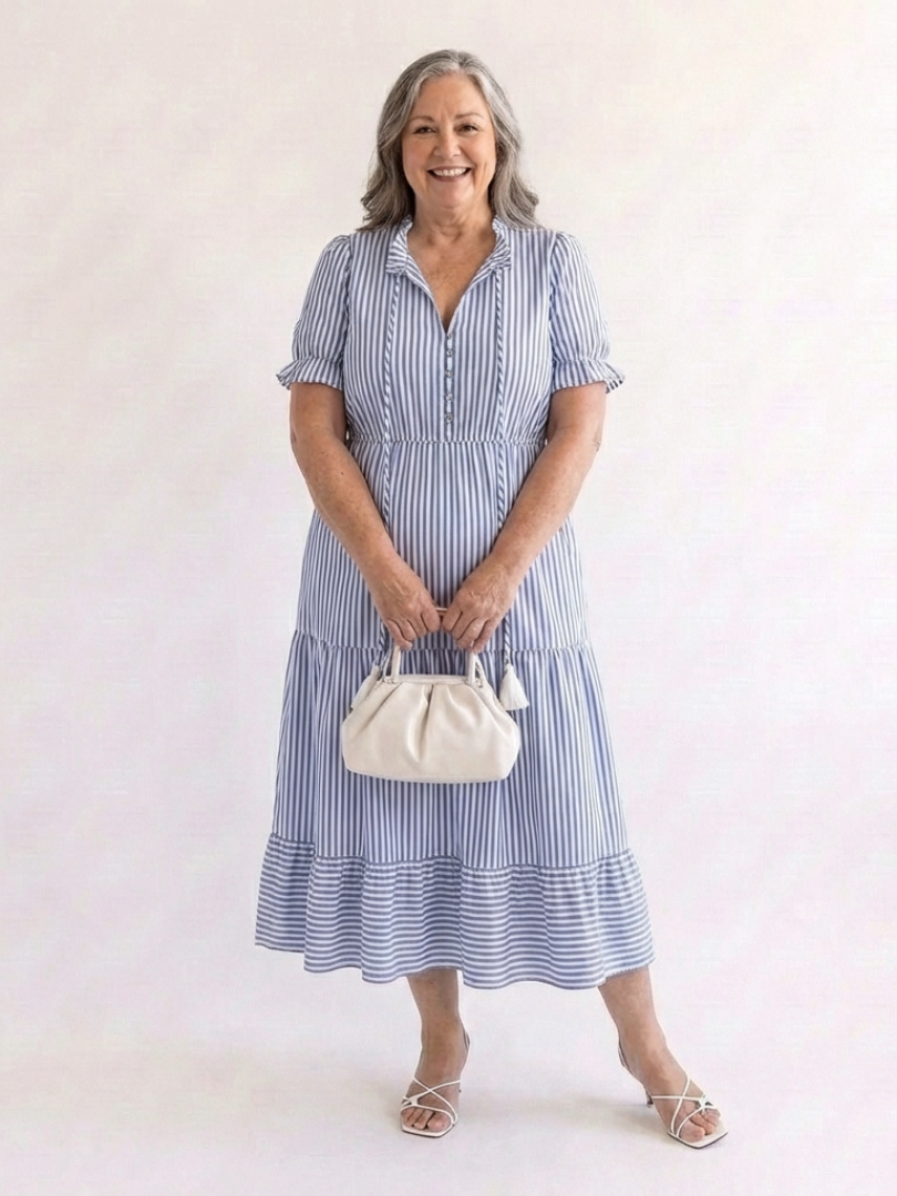 Dakota | Vestido Midi de Rayas con Manga Corta y Volantes