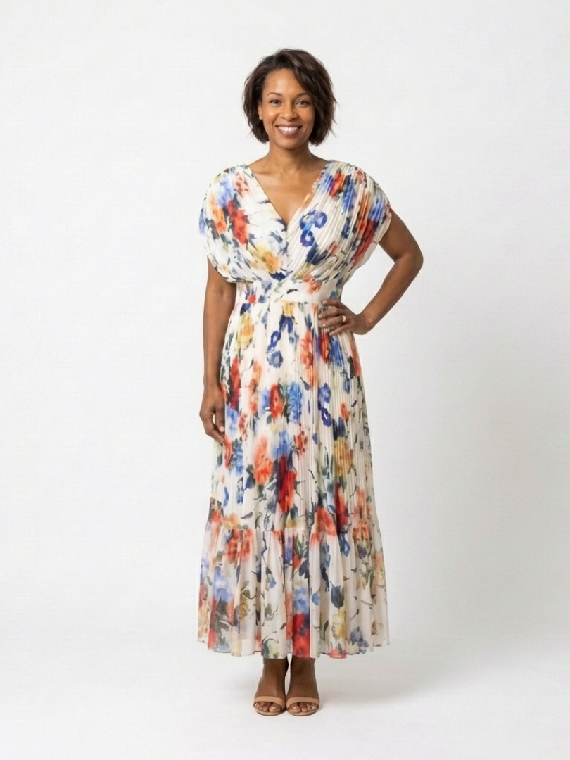 Savannah | Vestido Midi Floral con Pliegues y Manga Corta