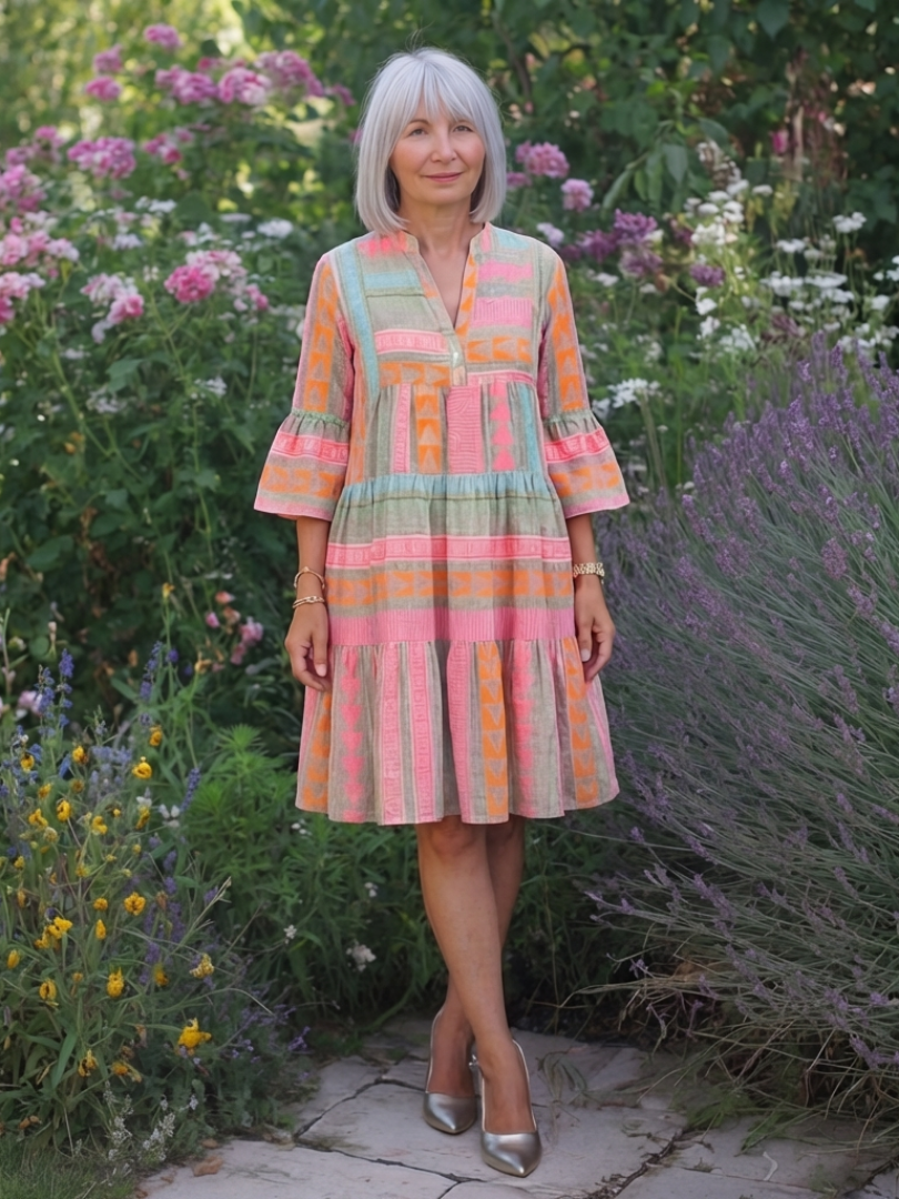 Maelle | Vestido de Rodilla con Estampado Geométrico y Escote en V
