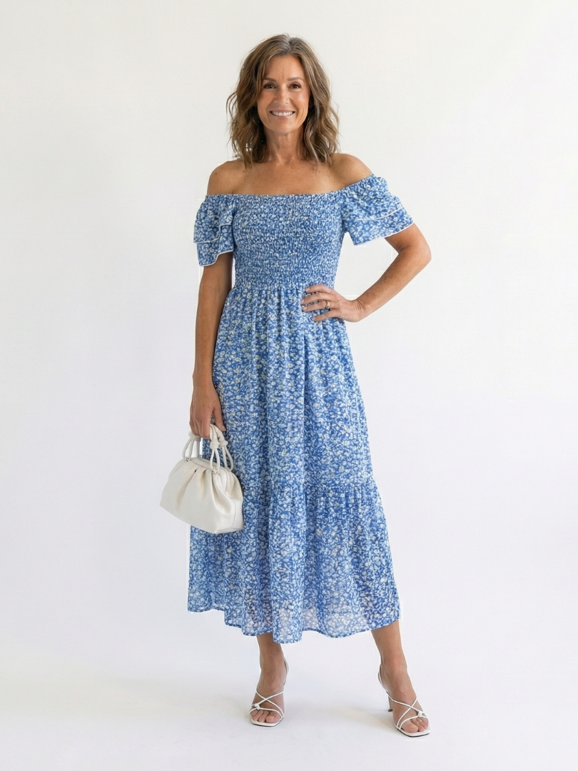 Odette | Vestido Midi Floral de Hombros al Descubierto