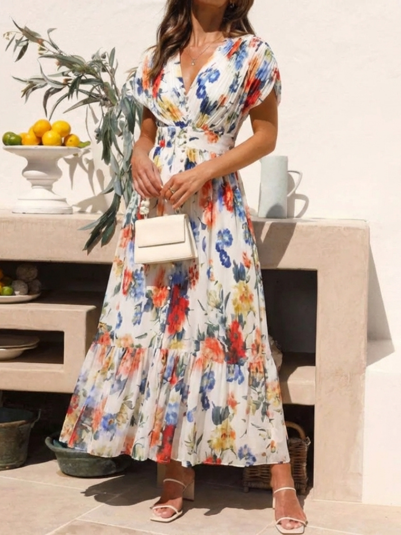 Savannah | Vestido Midi Floral con Pliegues y Manga Corta