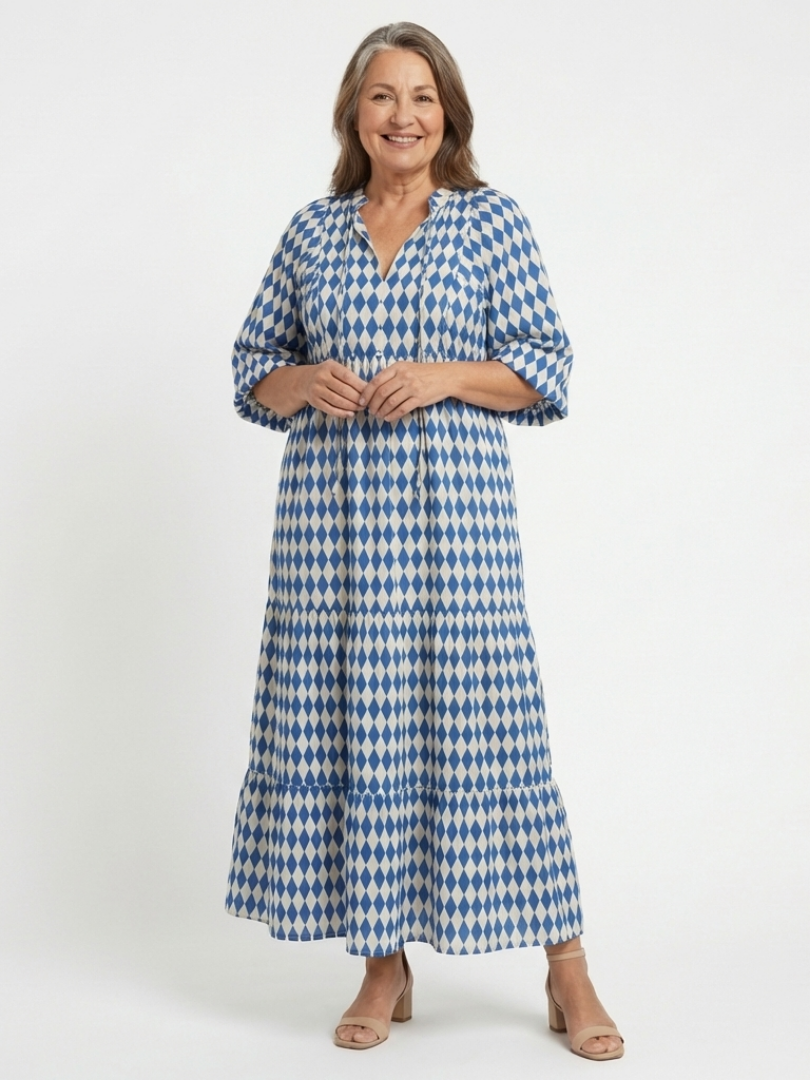 Elodie | Vestido Midi con Volantes y Estampado de Diamantes