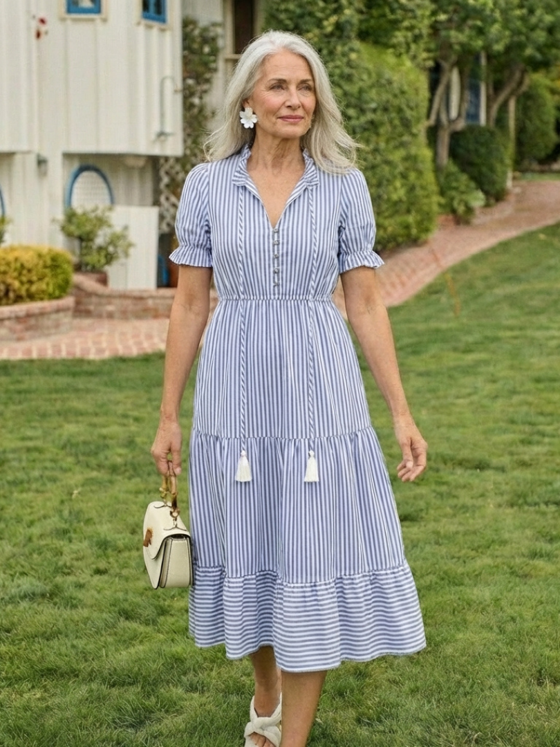 Dakota | Vestido Midi de Rayas con Manga Corta y Volantes