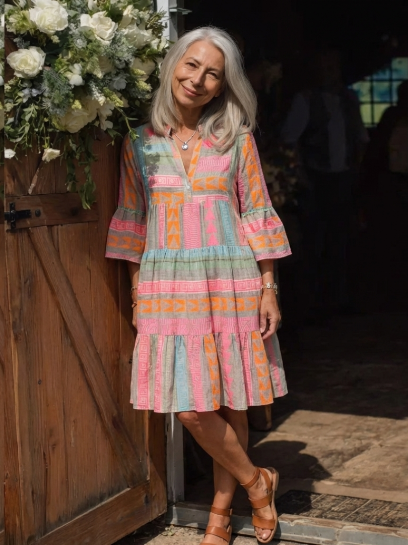 Maelle | Vestido de Rodilla con Estampado Geométrico y Escote en V