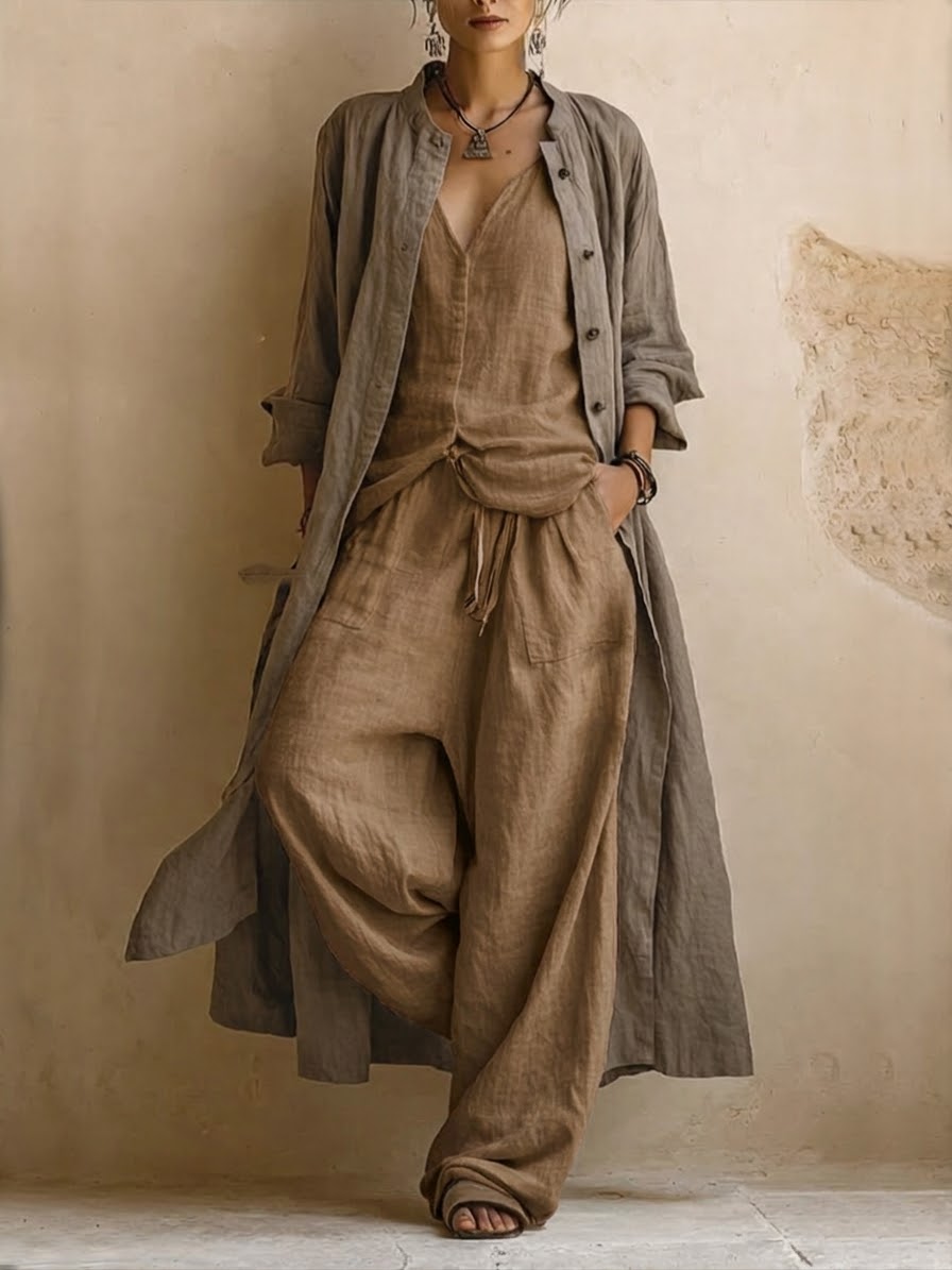Conjunto de tres piezas: Cárdigan largo de lino y algodón, top sin mangas y pantalones bohemios casuales