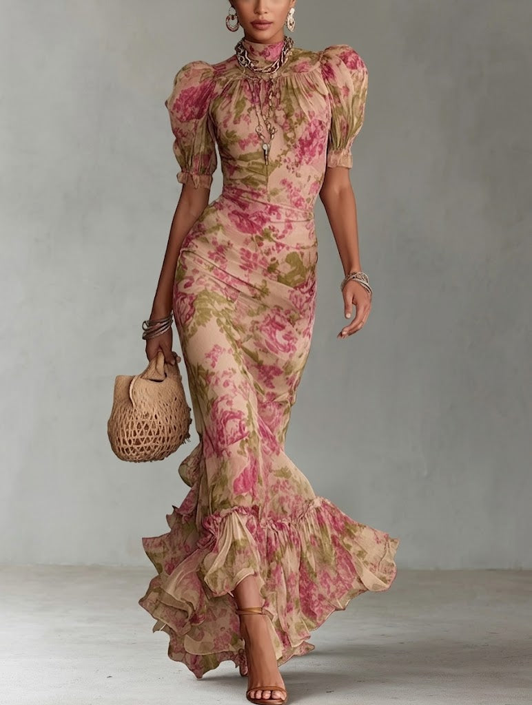 Fiora - Vestido largo con estampado retro de rosas y mangas abullonadas