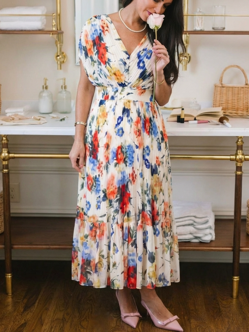 Savannah | Vestido Midi Floral con Pliegues y Manga Corta