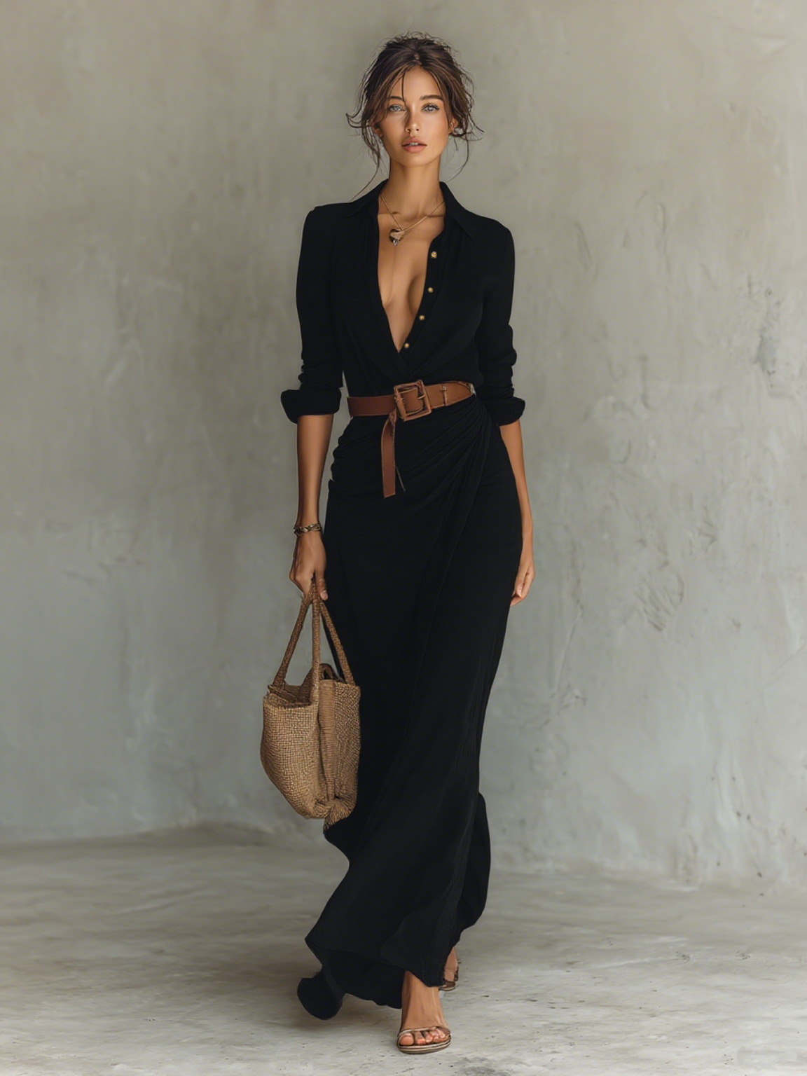 Vestido Maxi Largo con Cuello de Solapa y Mangas Largas para Mujeres