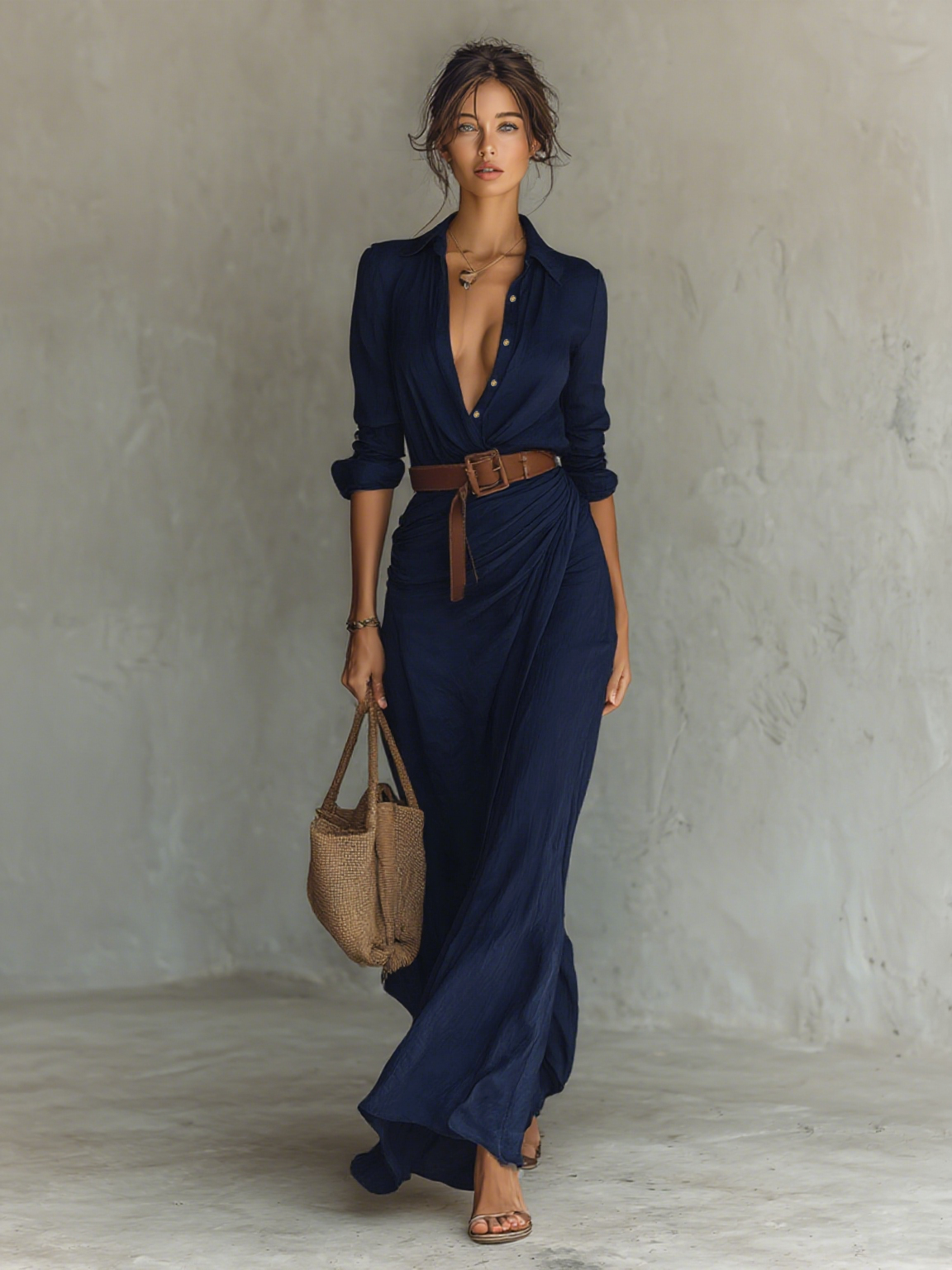 Vestido Maxi Largo con Cuello de Solapa y Mangas Largas para Mujeres