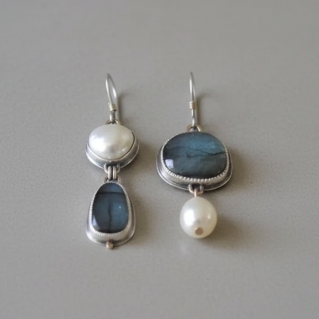 Pendientes Retro de Piedra Azul y Perlas