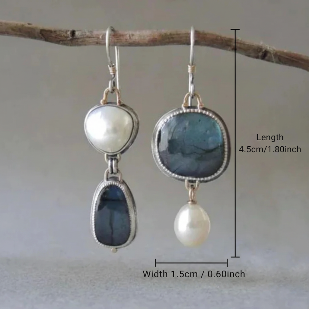 Pendientes Retro de Piedra Azul y Perlas