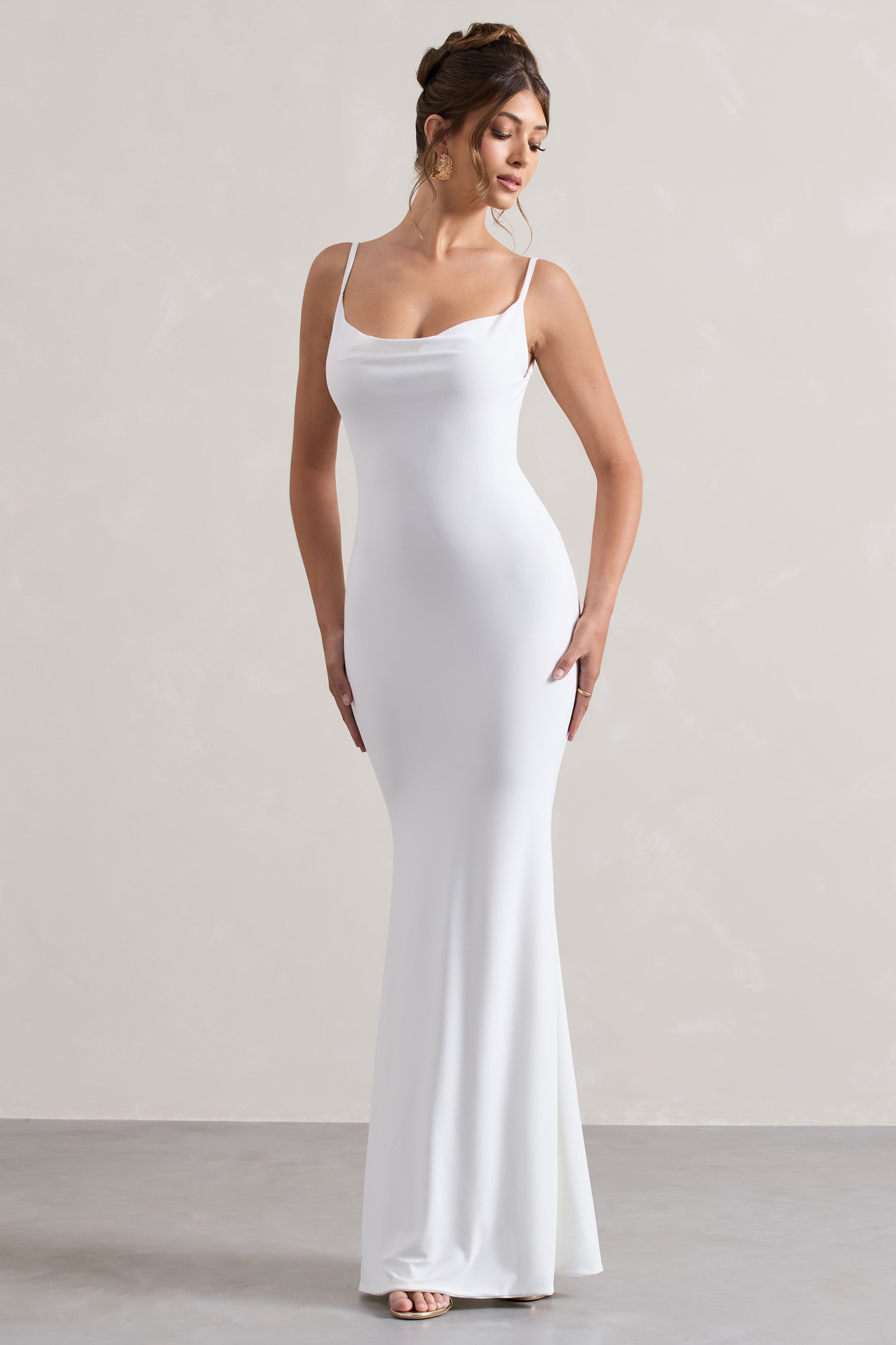 Francoise | Vestido largo Blanco  con Escote Drapeado y Espalda Descubierta con Encaje