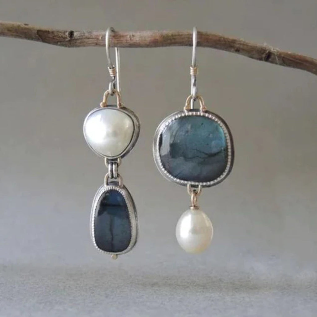 Pendientes Retro de Piedra Azul y Perlas