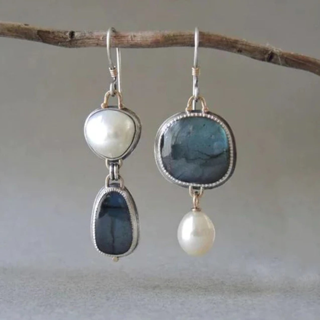 Pendientes Retro de Piedra Azul y Perlas