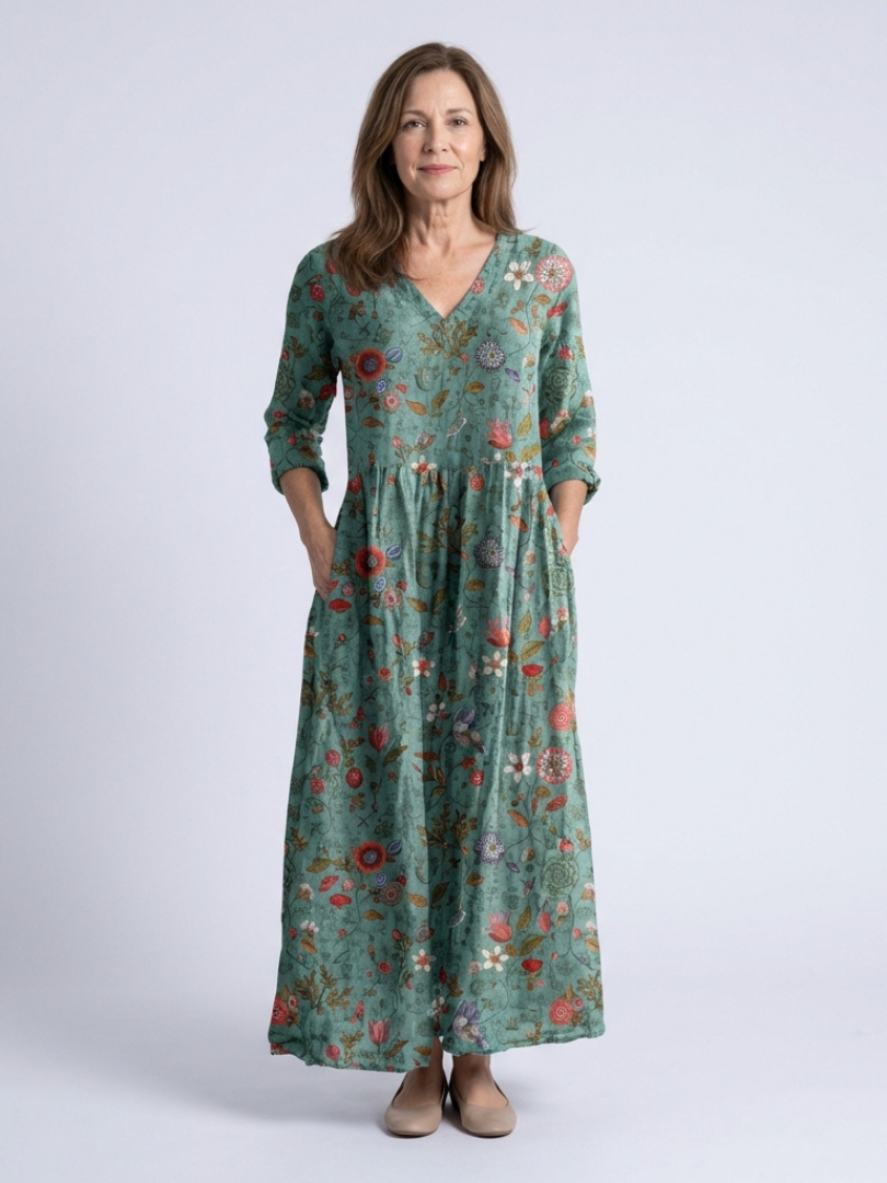 Marina | Vestido Maxi Floral con Escote en V y Manga Tres Cuartos" can be rewritten as:

"Marina | Vestido Maxi Floral con Escote en V y Mangas Tres Cuartos