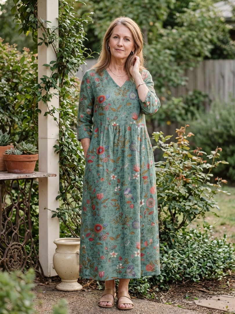 Marina | Vestido Maxi Floral con Escote en V y Manga Tres Cuartos" can be rewritten as:

"Marina | Vestido Maxi Floral con Escote en V y Mangas Tres Cuartos