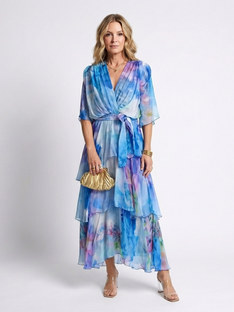 Calista | Vestido Maxi con Capa Transparente y Cintura con Lazo en Forma de V