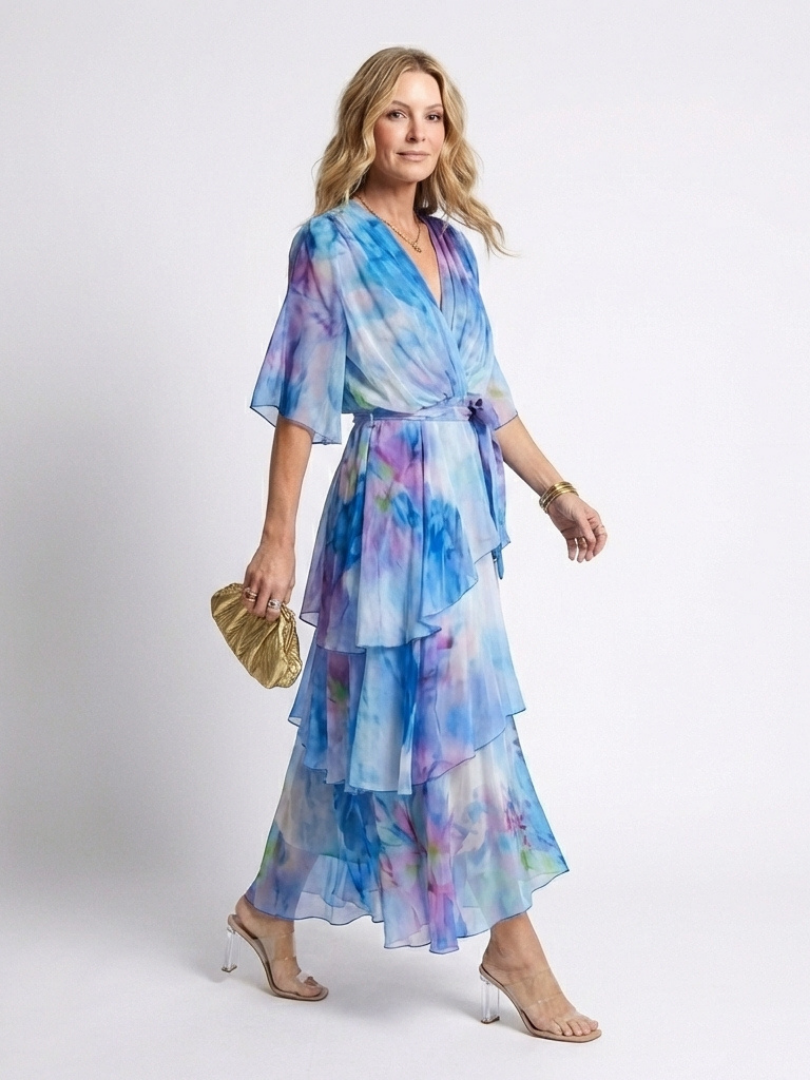 Calista | Vestido Maxi con Capa Transparente y Cintura con Lazo en Forma de V
