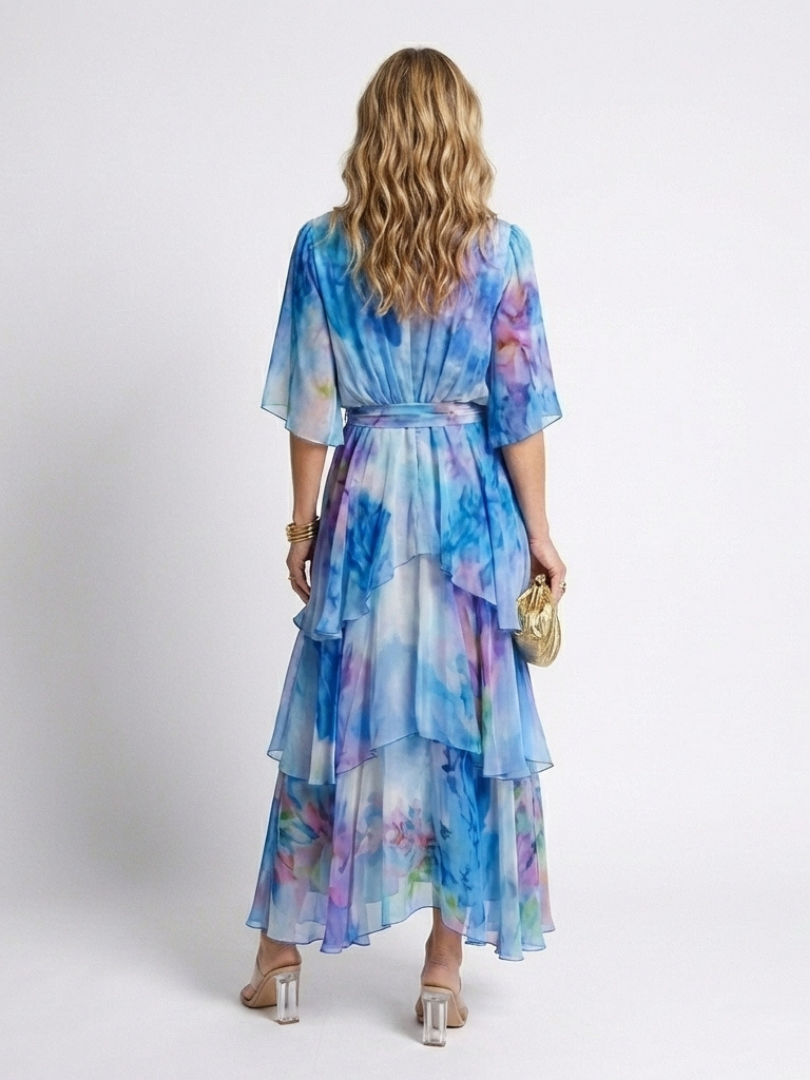 Calista | Vestido Maxi con Capa Transparente y Cintura con Lazo en Forma de V