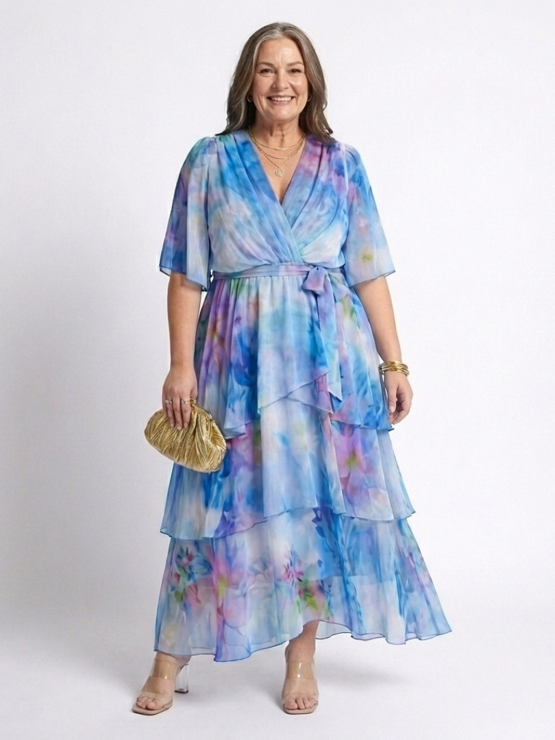 Calista | Vestido Maxi con Capa Transparente y Cintura con Lazo en Forma de V