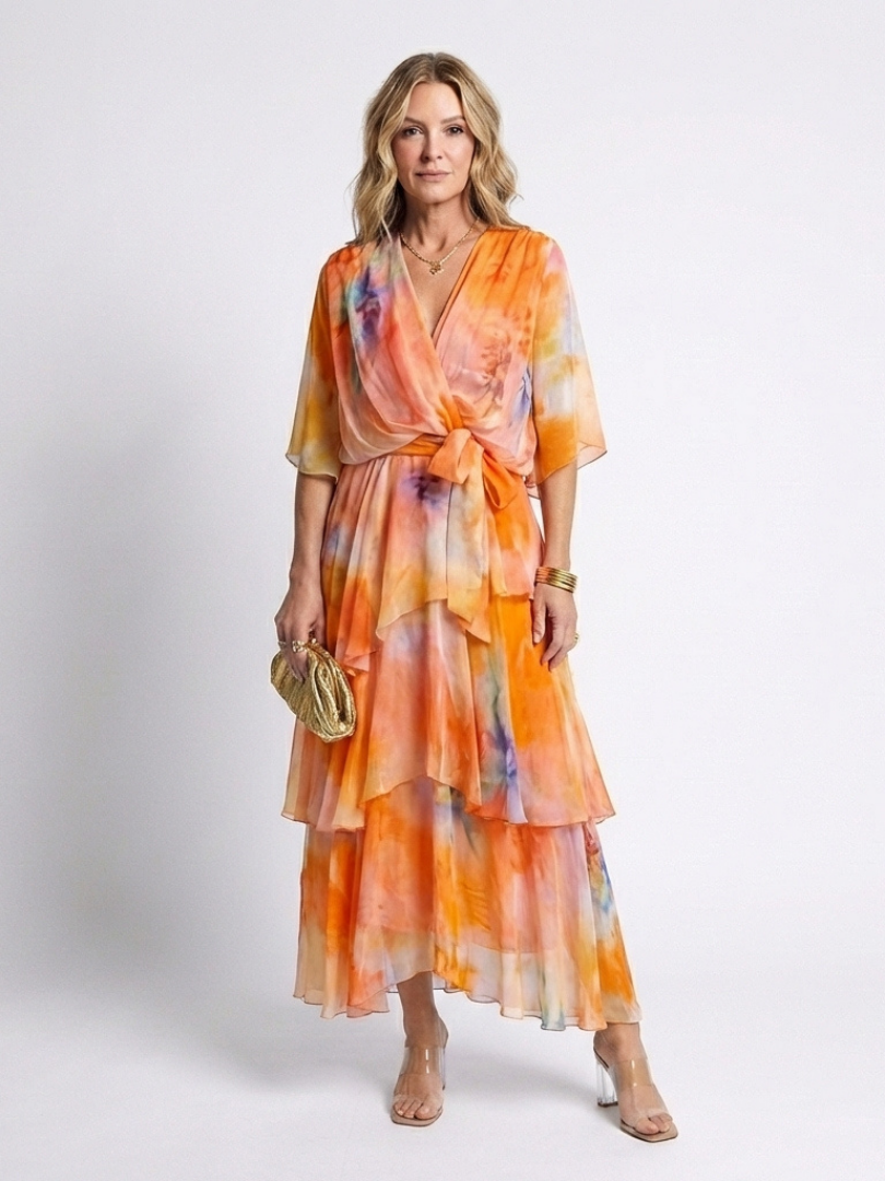 Calista | Vestido Maxi con Capa Transparente y Cintura con Lazo en Forma de V