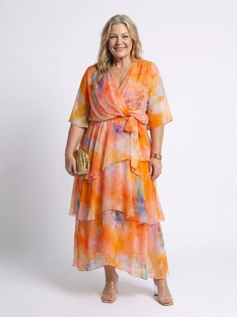 Calista | Vestido Maxi con Capa Transparente y Cintura con Lazo en Forma de V