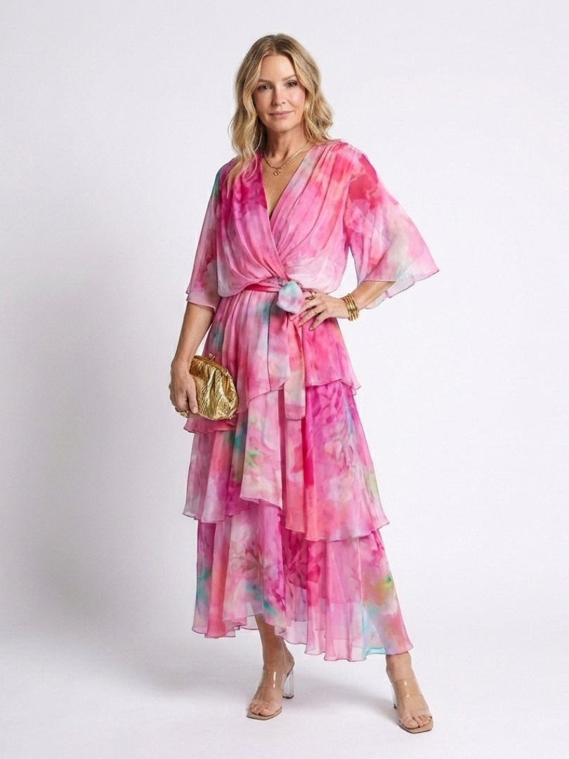 Calista | Vestido Maxi con Capa Transparente y Cintura con Lazo en Forma de V