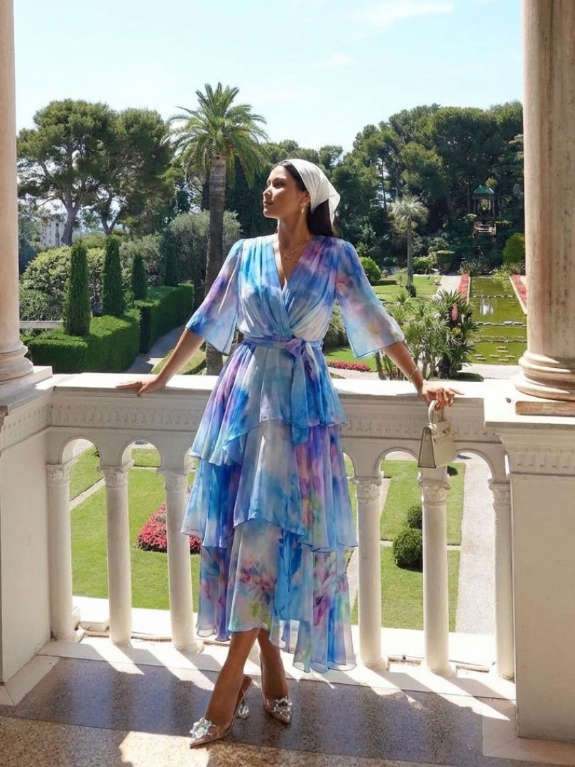 Calista | Vestido Maxi con Capa Transparente y Cintura con Lazo en Forma de V