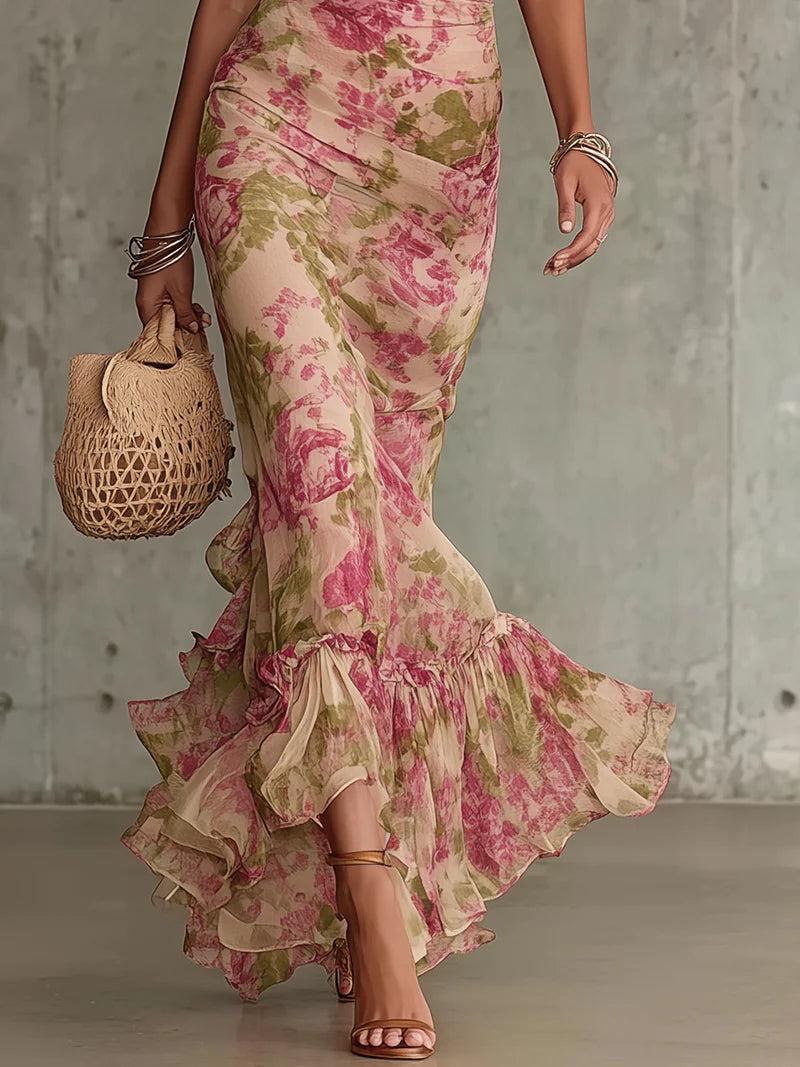 Fiora - Vestido largo con estampado retro de rosas y mangas abullonadas