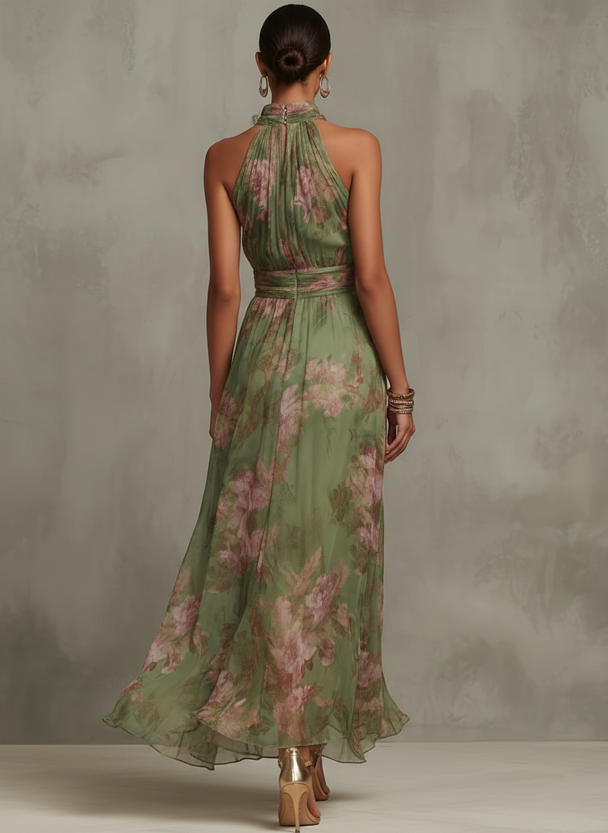 Serena ∙ Vestido largo verde de chiffon con flores y escote americano