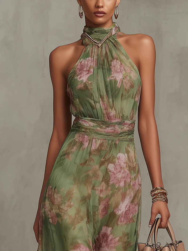 Serena ∙ Vestido largo verde de chiffon con flores y escote americano
