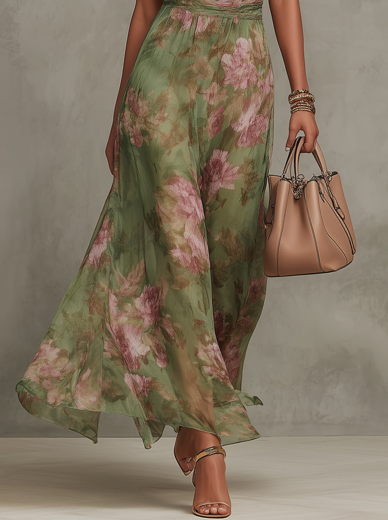 Serena ∙ Vestido largo verde de chiffon con flores y escote americano