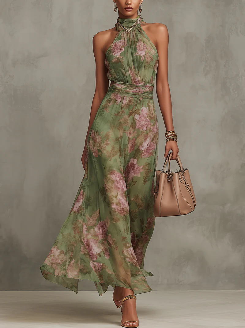 Serena ∙ Vestido largo verde de chiffon con flores y escote americano