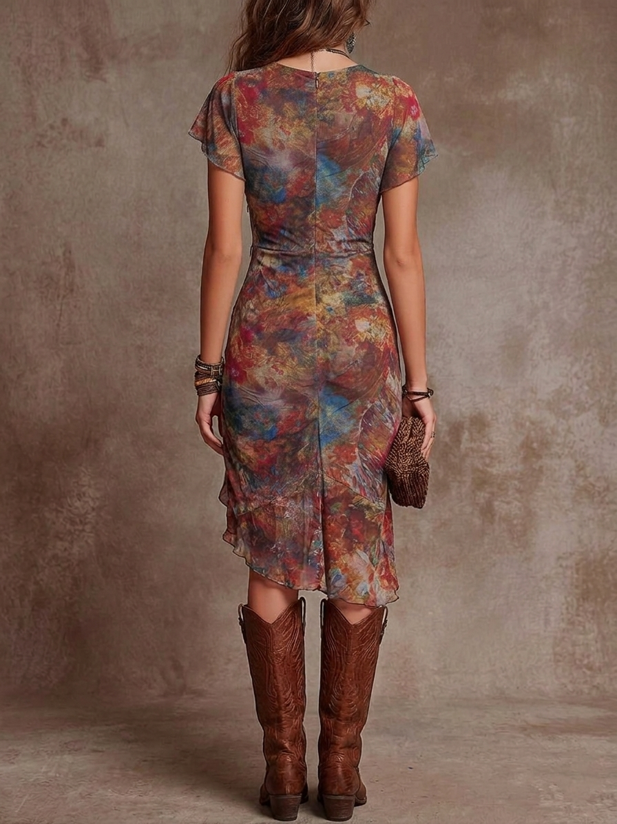 Martina - Vestido midi plisado con escote en V y estampado artístico abstracto de estilo bohemio